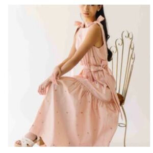 NWT Piper & Scoot Mozak Embroidered Pink Floral Tie-Shoulder Maxi Dress